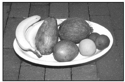Fruits available in village markets include (left to right) bananas, papaya, mango (front), coconut (back), oranges (front), and limes. EPD Photos