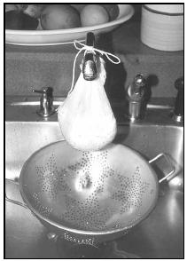 The lab mixture, held in a cheesecloth sack and hung from the faucet, should drain for several hours. EPD Photos