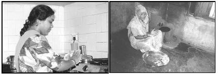 Chapati, or Indian bread, is prepared throughout India. The woman in the picture on the left is working in a typical urban kitchen in the city of Ghaziabad. The woman on the right prepares chapati in a typical village kitchen in northern India. EPD Photos/Himanee Gupta