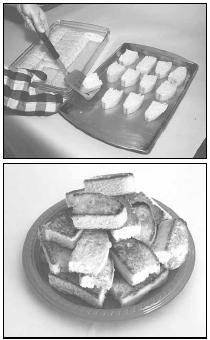 (Top) The baked biscotti are placed on a cookie sheet, ready to be toasted under the broiler. (Bottom) When done, biscotti should have a light, crunchy texture. EPD Photos