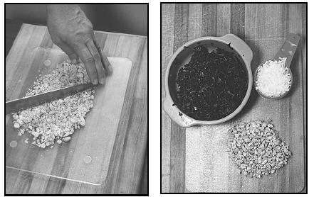 Mchicha combines spinach with the sweetness of coconut and the crunchy texture of chopped peanuts. When chopping peanuts by hand (left), always keep your fingers on the top edge of the knife. EPD Photos