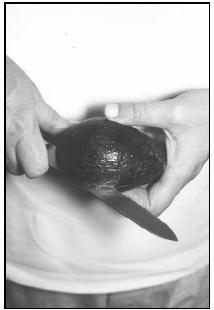 To prepare an avocado for use in guacamole, first cut all the way around it carefully, so that the two halves can be gently twisted apart. EPD Photos